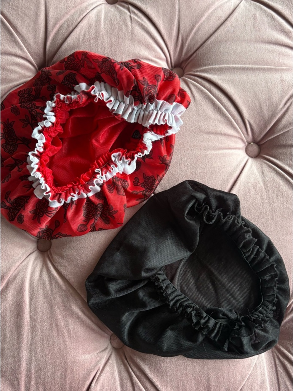 Reversible Red Floral and Solid Black Satin  Polyester Bonnets - Set of 2